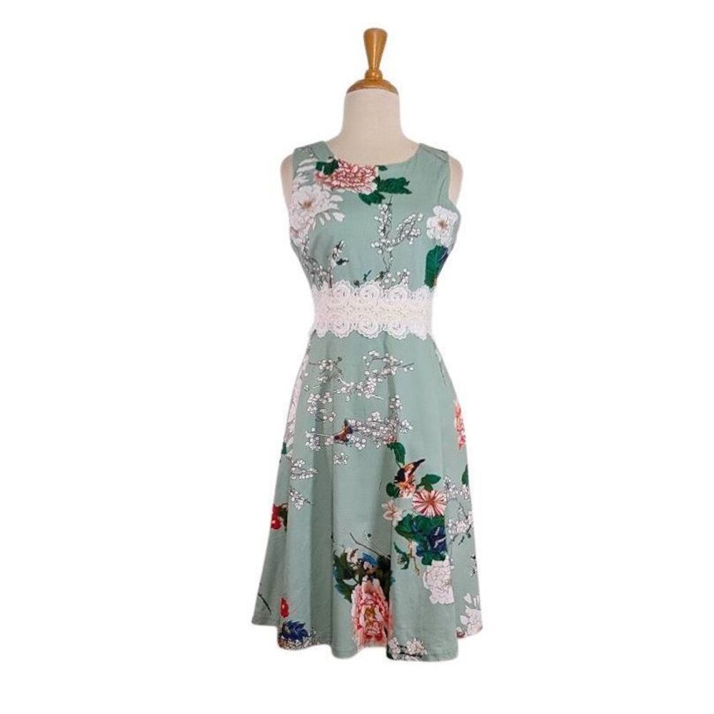 Homeyee S Blue Floral Dress Fit and Flare Retro 50s Cottagecore Cherry Blossom